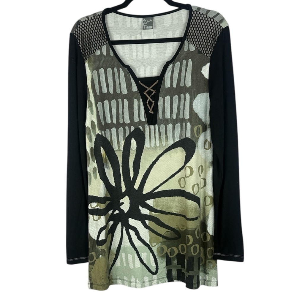Simply Art Dolcezza Black Green Daisy Criss Cross Art Long Sleeve Large Tunic.